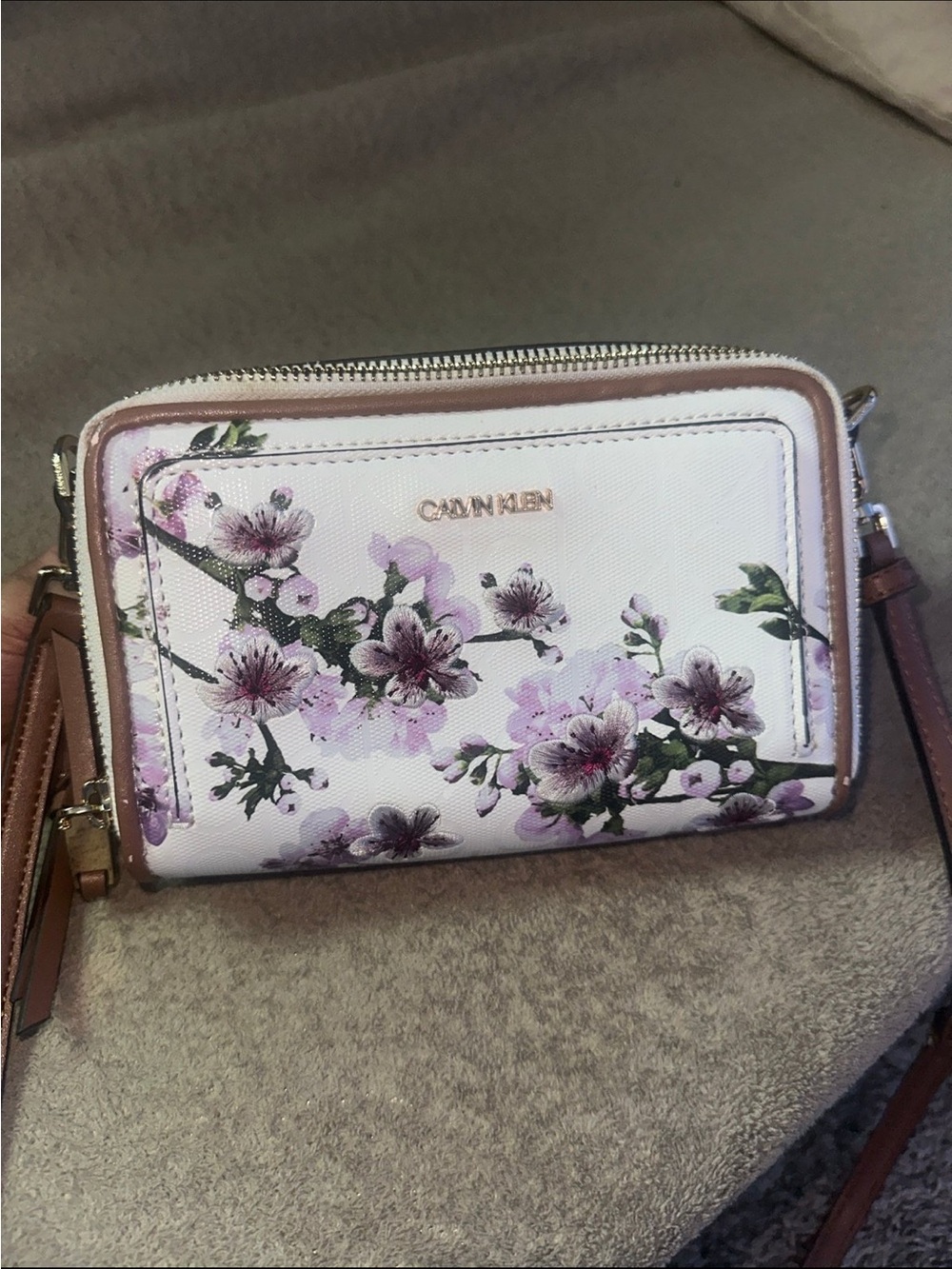 Calvin Klein White Crossbody Bag with Lavender Floral Print and Tan Trim